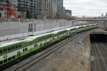 Naklejka premium Go Train in the Union Station Rail Corridor, looking southwest to 