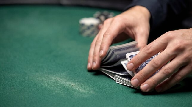 caucasian hands shuffling deck of blue playing cards on green felt casino table with blurred chips. poker gambling, risk and entertainment concept. copyspace, banner, website header.