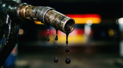 Used fuel pump nozzle dripping dark viscous liquid at a gas station visible at night