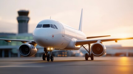 Obraz premium Modern passenger jet taxiing on runway at sunrise with airport terminal and control tower in background, highlighting commercial aviation, travel, and transportation.