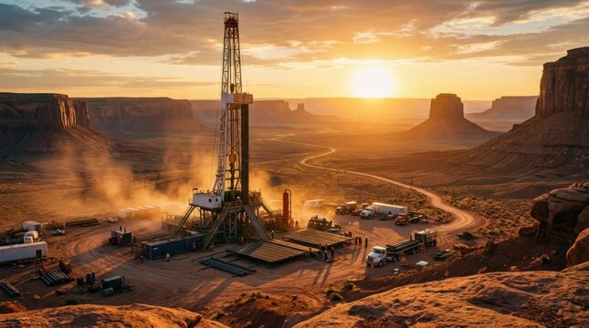 Oil drilling rig operating in a vast desert landscape at sunset with towering rock formations and industrial equipment