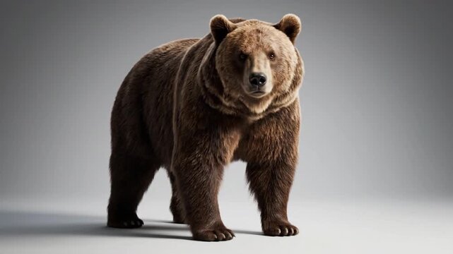 A large brown bear standing on a plain surface with a grey gradient background, looking directly at the camera with a slight shadow.