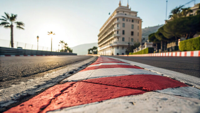 Low angle view captures the iconic red and white curbing alongside the challenging tight turn of a famous city street racing circuit.