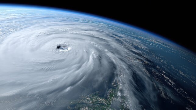 Dramatic satellite view of a massive hurricane swirling over the ocean, revealing a clear eye, dense rain bands, and the curvature of Earth, illustrating extreme weather and natural disaster risk.