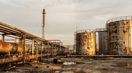 Fototapeta premium Sprawling industrial complex showcasing rusty pipes large storage tanks and a tall smoking chimney under an overcast sky