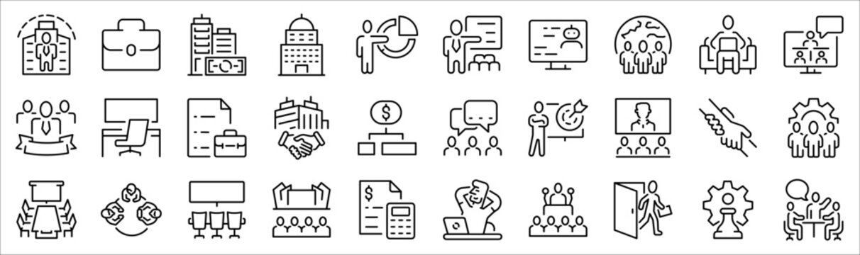 Corporate business line icons set. Collection includes teamwork, management, office workflow, communication, leadership, strategy, finance, and corporate structure symbols. Perfect for business presen