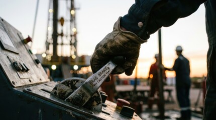 Worker's gloved hand adjusts a drag brake lever on an industrial control panel Oil drilling rig background at sunset