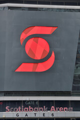 Naklejka premium digital corporate logo sign on the exterior of Scotiabank Arena, Maple Leaf Square side, Toronto