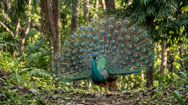Male Indian Peafowl displaying vibrant iridescent plumage and colorful train feathers in nature
