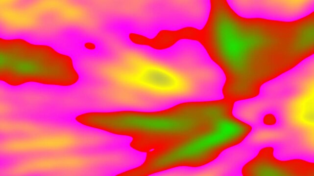 A vibrant abstract artwork featuring a central red shape surrounded by swirling patterns of yellow, pink, blue, and orange hues