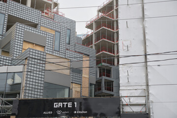 Naklejka premium KING Toronto: A study in hedonistic modernism. Pixelated glass-block peaks and geometric mountain flourishes by BIG (Bjarke Ingels Group) at 489-539 King St W