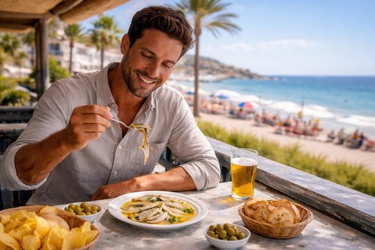 Mann genie&szlig;t Boquerones am Strandrestaurant mit Meerblick
L&auml;chelnder Mann genie&szlig;t Boquerones in einem Strandrestaurant direkt am Meer, begleitet von Bier, Oliven, Brot und sommerlicher Urlaubsatmosph&auml;