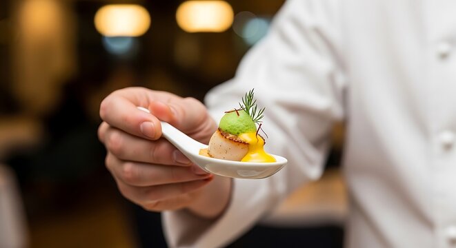 A chef presents a beautifully garnished scallop amuse bouche on a white porcelain spoon high-quality