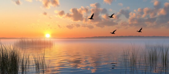 Obraz premium Serene Misty Lake Sunrise with Silhouetted Birds and Golden Reflections