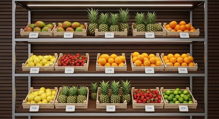 Obraz premium Vibrant fresh fruit display on metal shelving unit in grocery store