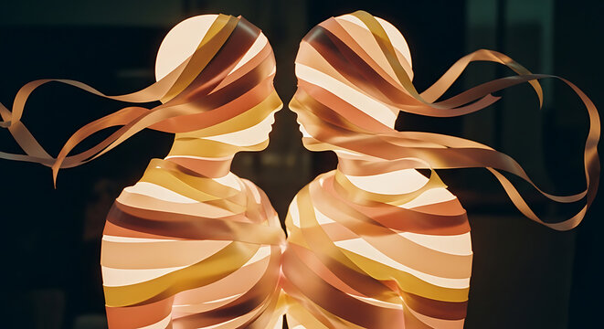 Abstract art of two figures defined by flowing, warm-toned translucent ribbons facing each other, symbolizing the intricate layers of human connection, shared identity, and interpersonal relationships