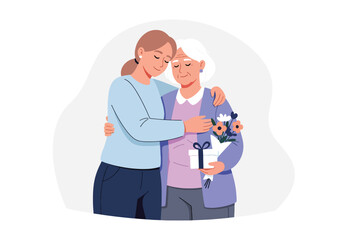 Happy Mother&rsquo;s Day moment with adult daughter hugging elderly mother, celebrating appreciation, gratitude, and lifelong love between generations