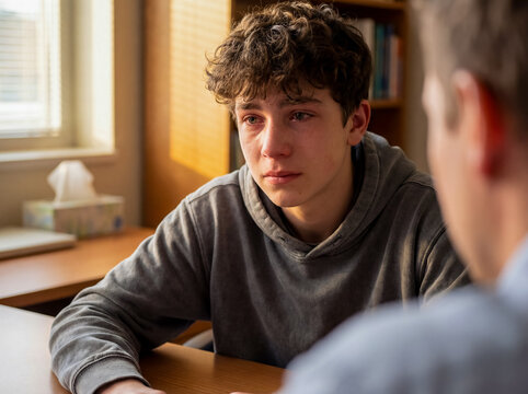 Crying teenage boy talking to male therapist concept of emotional breakthrough youth counseling mental health depression support