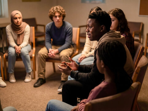 Troubled teenagers sitting in circle during group therapy session concept of youth support group shared psychological trauma mental health