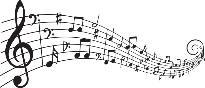 Black music notes and treble clef on a flowing wavy musical staff line