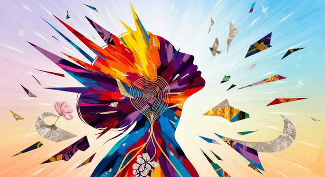 Abstract Colorful Human Head Silhouette Exploding With Ideas.