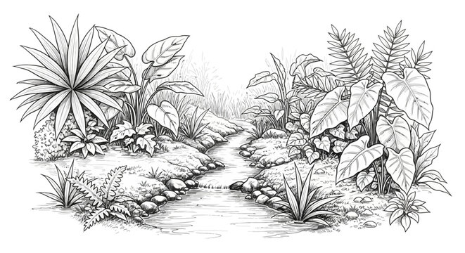 Lush Tropical Stream with Exotic Foliage Hand Drawn Illustration.