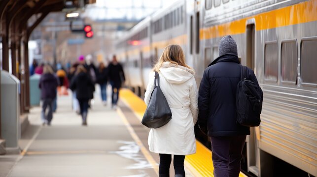 Two commuters walk along a platform beside a stopped commuter train at a busy urban station on a cold day, capturing daily public transportation, travel, and morning rush hour city life.