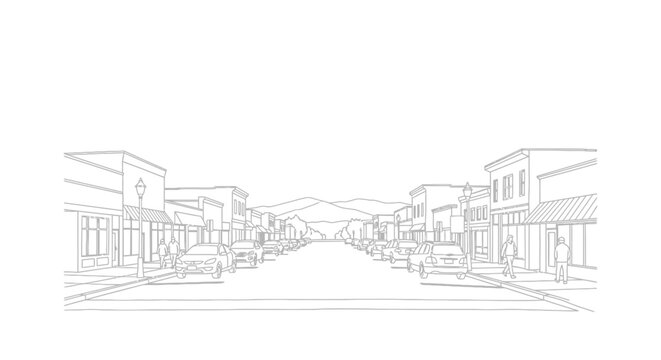 Small town main street with buildings and cars.