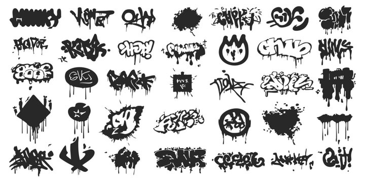 Set of black graffiti tags and street art elements for urban style poster and sticker design vector illustration