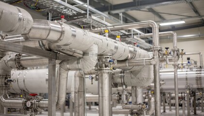 Naklejka premium Medium shot focusing on insulated piping systems designed for monomer transfer highlighting thermal protection and safety features in an indoor chemical processing area.