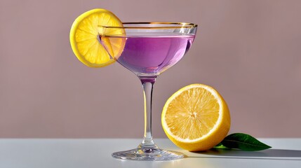 Fototapeta premium Vibrant purple cocktail in a classic coupe glass. Bright yellow lemon slice adorns the rim and rests beside the glass. Halved lemon and green leaf add freshness to the composition