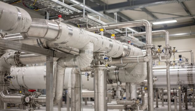 Medium shot focusing on insulated piping systems designed for monomer transfer highlighting thermal protection and safety features in an indoor chemical processing area.