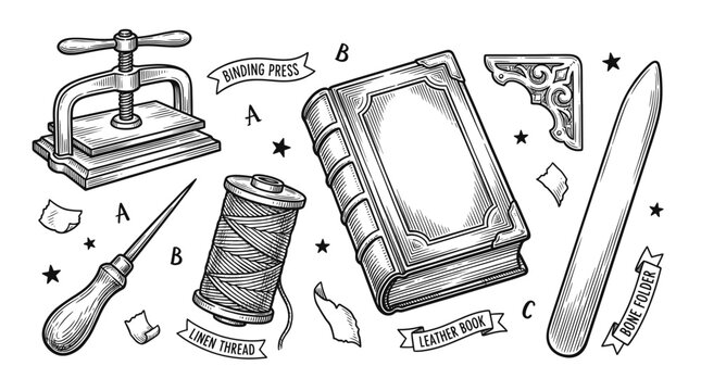 Hand Drawn Vintage Bookbinding Tools and Leather Book Engraving Illustration Set