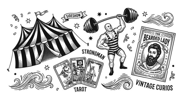 Vintage Circus Sideshow Illustration Set with Strongman, Bearded Lady Poster, Tarot Cards, and Big Top Tent in Engraving Style