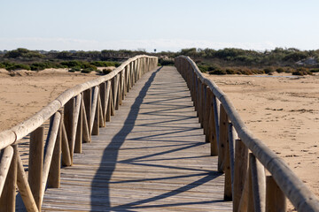 Obraz premium Boardwalk through Punta del Boqueron dune, wetland and beach reserve, near Cadiz, Spain 