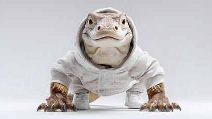 Obraz premium Cute Anthropomorphic Komodo Dragon Wearing a Casual Grey Hoodie Sweatshirt