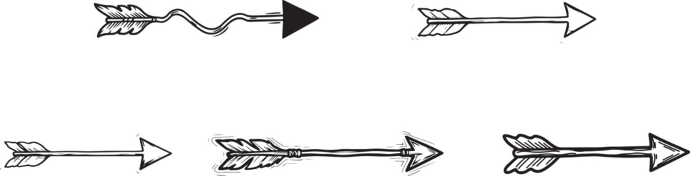 Hand drawn ink set of five different arrows with feathered fletching on white background