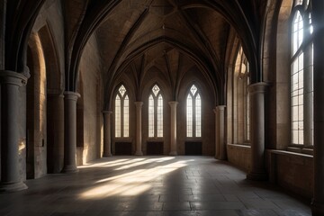 Fototapeta premium Sunbeams enter gothic hall through arched