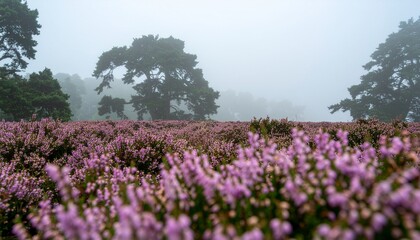 Obraz premium Pink Heather Field in Front of Misty Pine Forest