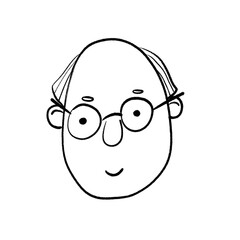Obraz premium Hand drawn doodle illustration of a bald man face with glasses and a smile on white background
