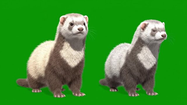 Two ferrets standing side by side against a solid green background, looking to the right with their distinctive white and brown fur.