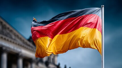 German flag waves proudly against dramatic sky. Classic building stands blurred in background. Strong, patriotic imagery evokes national pride and unity. Ideal for political, cultural