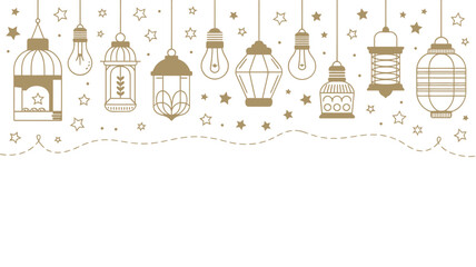 Decorative illustration of hanging lanterns and twinkling stars on white © Md
