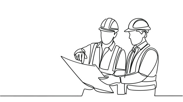 Continuous line drawing of two construction workers reviewing blueprints