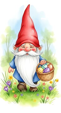 Easter Gnome with Basket of Colorful Eggs in a Spring Garden.