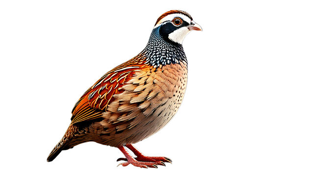 Isolated Bobwhite Quail bird, beautifully colored plumage, standing alert, wild anima