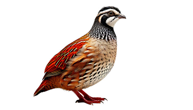 Isolated Bobwhite Quail bird, beautifully colored plumage, standing alert, wild anima