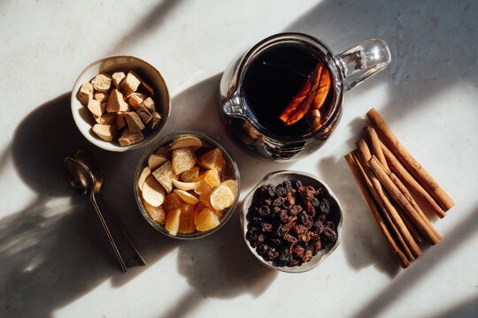 Ponche Navideno in glass mug, surrounded by spices like cinnamon, dried fruits, and oranges. Concept of hot sweet fruit Mexican traditional holiday beverage. 