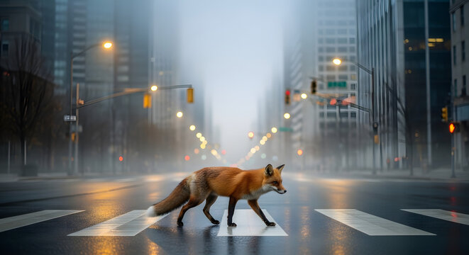 A red fox crosses a city street on a rainy day
