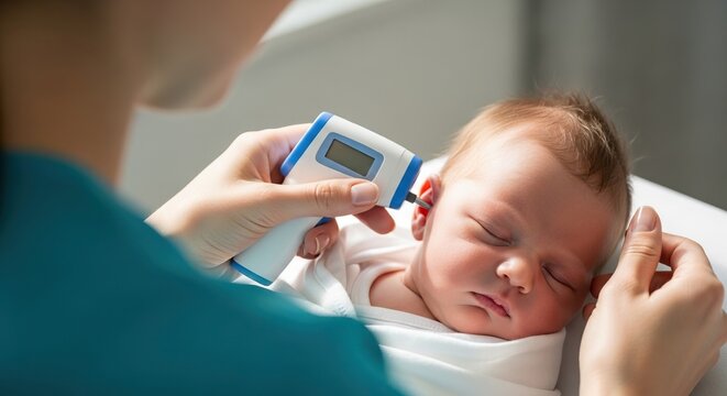 Healthcare professional uses digital thermometer to check temperature of sleeping infant in a clinical setting with soft lighting